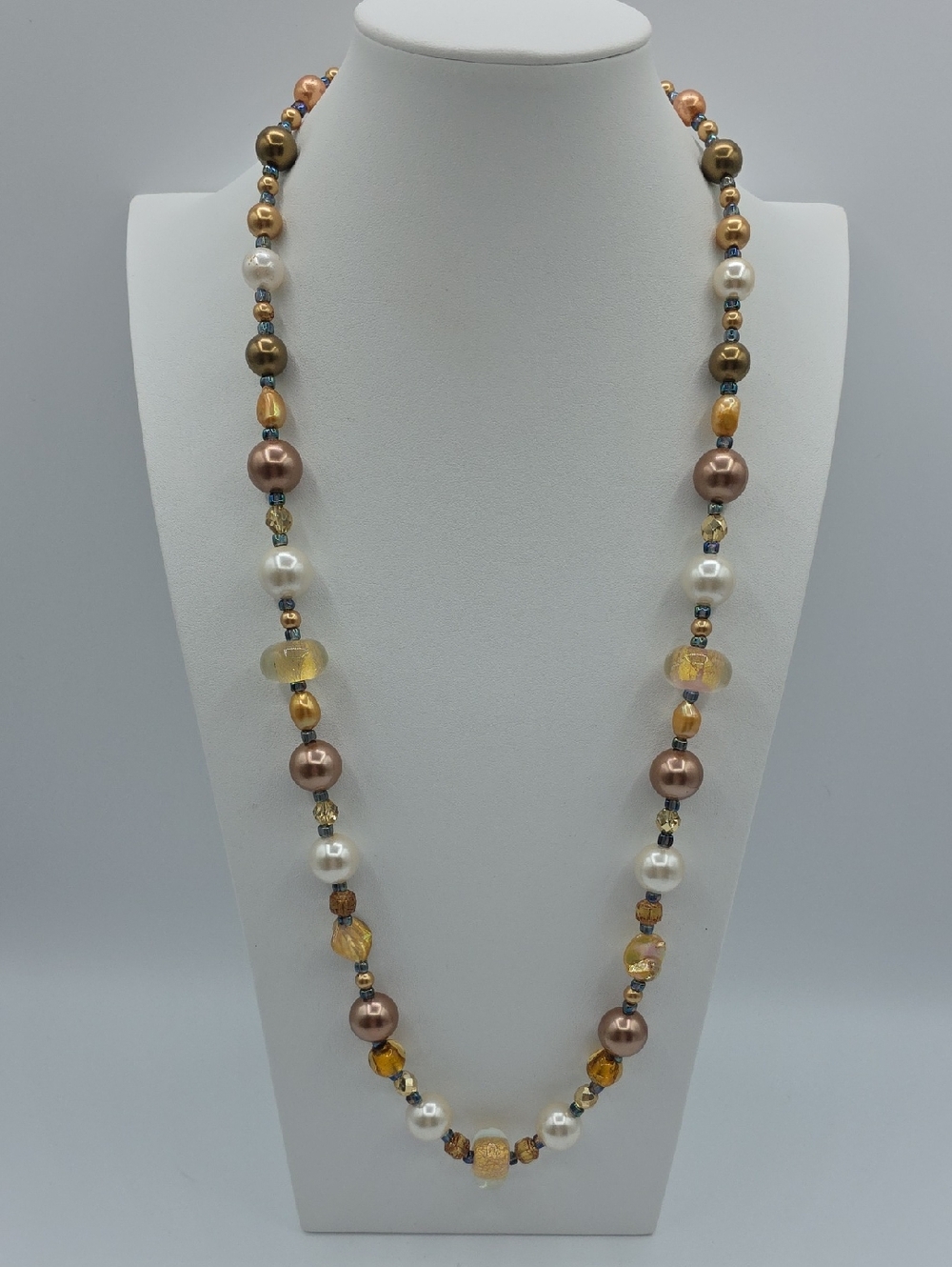 Long Glass And Mixed-Bead Necklace in Gold, Pearl & Bronze Tones